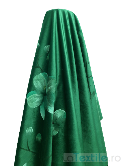Material draperie catifea verde smarald cu imprimeu floral