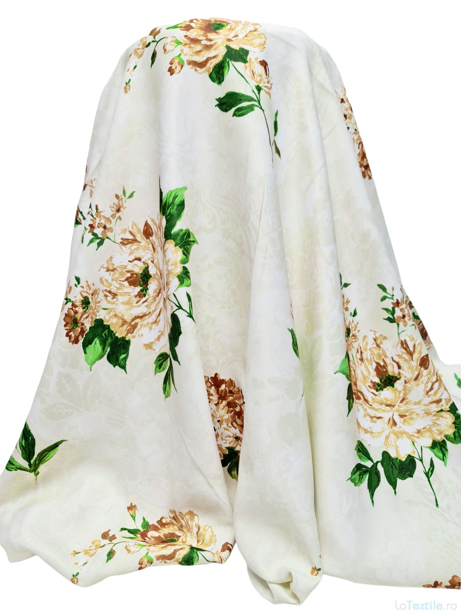 Material draperie satinat crem cu imprimeu floral