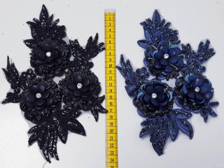 Aplicatie dantela neagra si bleumarin cu flori 3d plastic