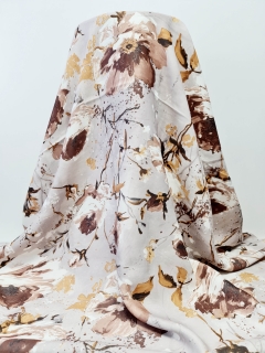 Material draperie satinat cu imprimeu flori maro