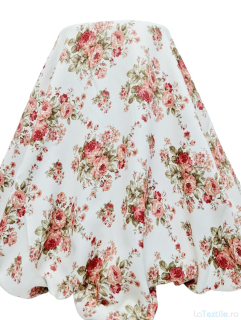 Material draperie satinat alb cu imprimeu floral rosii