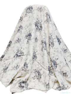 Material draperie satinat alb cu imprimeu floral gri