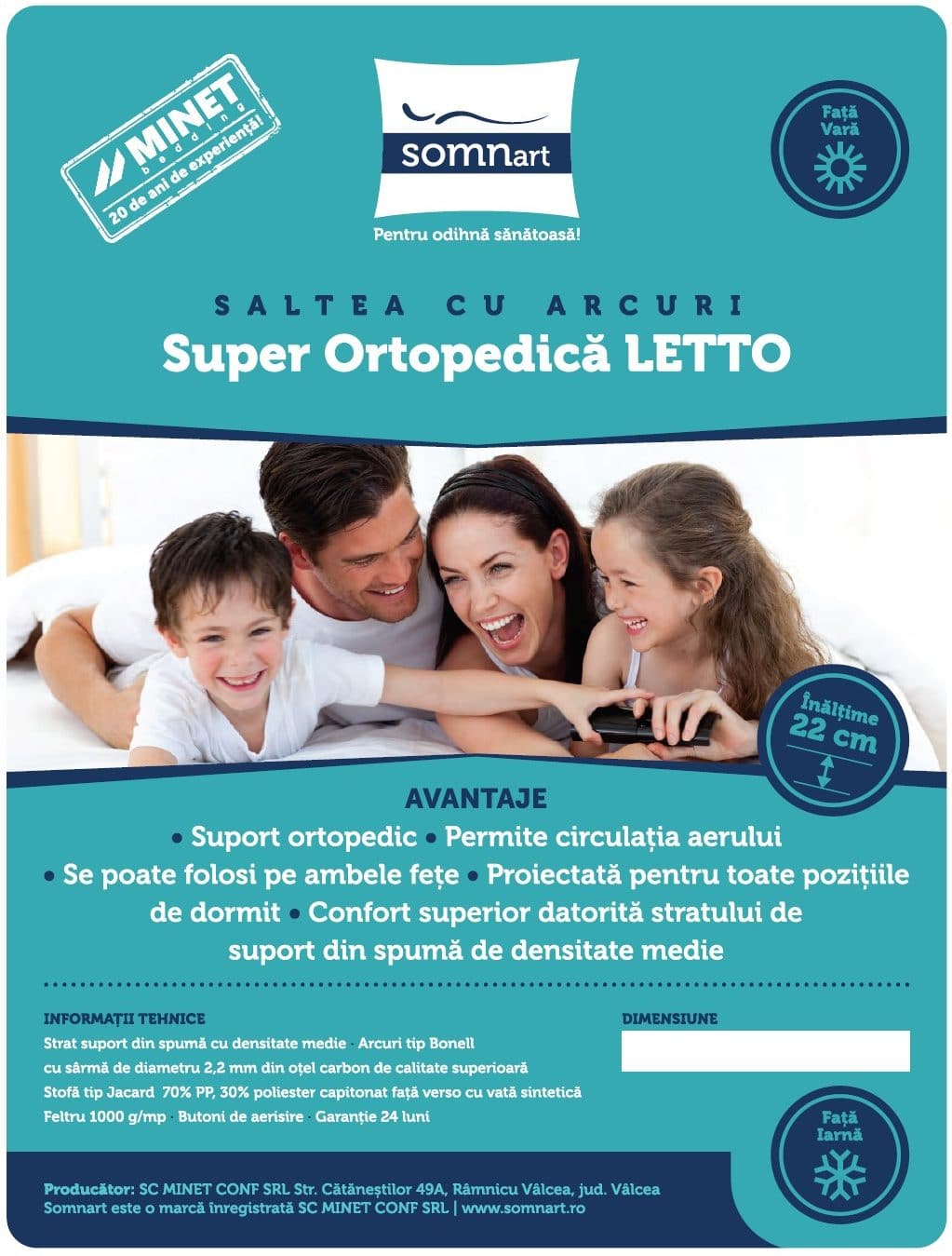 Saltea cu arcuri Bonell 90x200 cm, înălțime 22 cm, husă matlasată