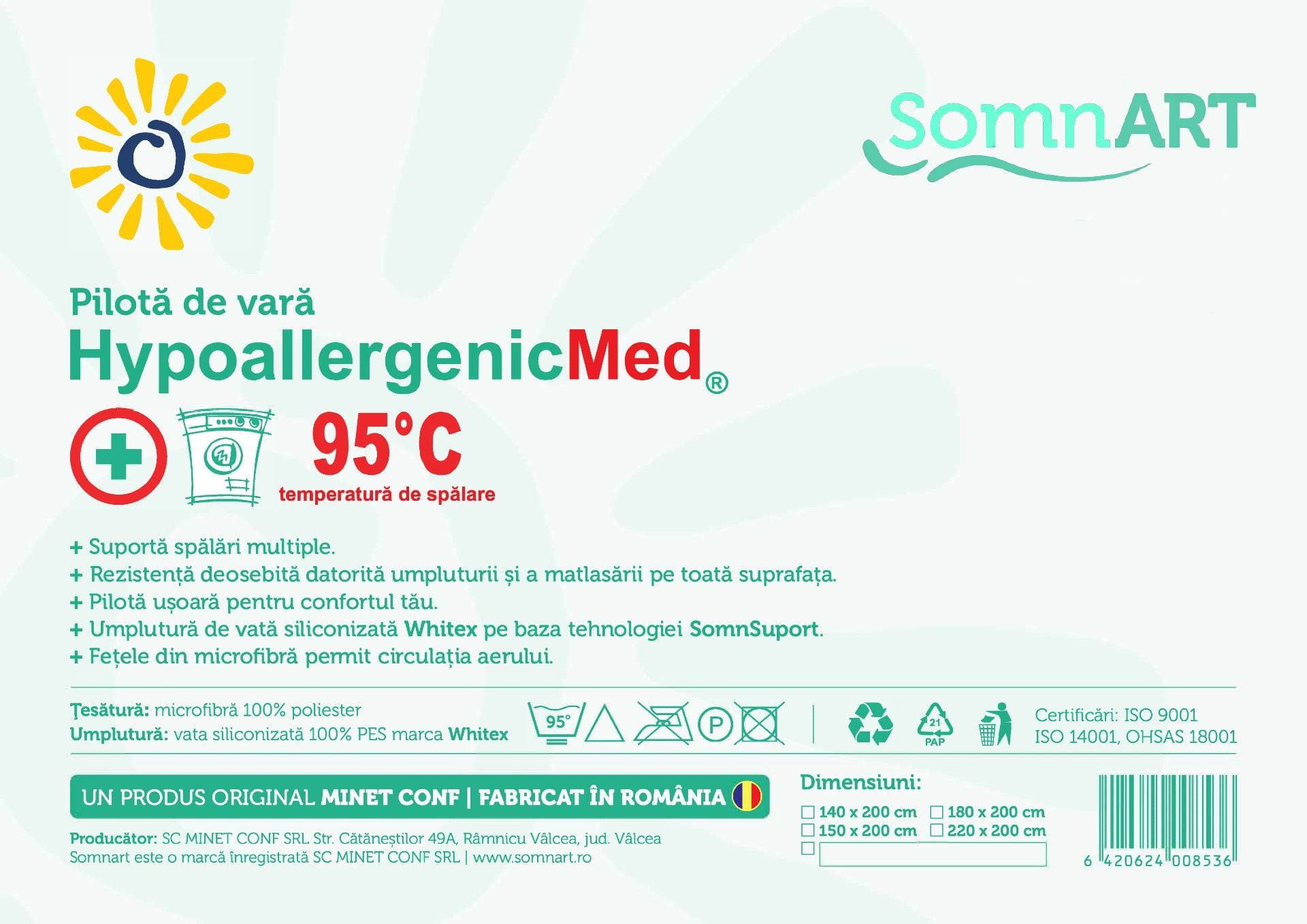 Pilotă HypoAllergenicMed 200x200 cm, microfibră lavabilă la 95°C, umplutură 200 g/m²