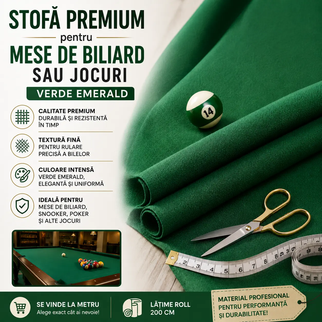 Stofa Premium pentru mese de biliard sau jocuri Verde Emerald