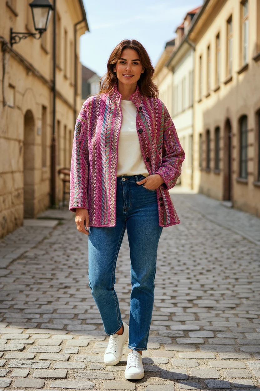 Brocart fuchsia cu model geometric multicolor