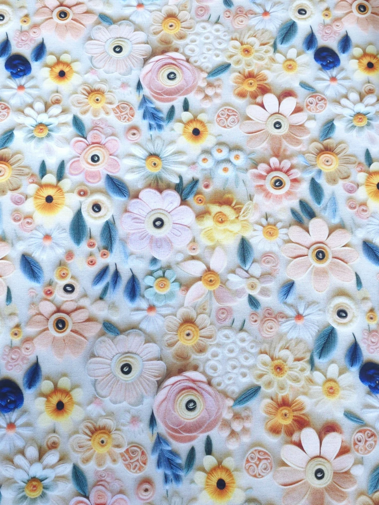 Bumbac imprimat digital flori in culori pastel roz