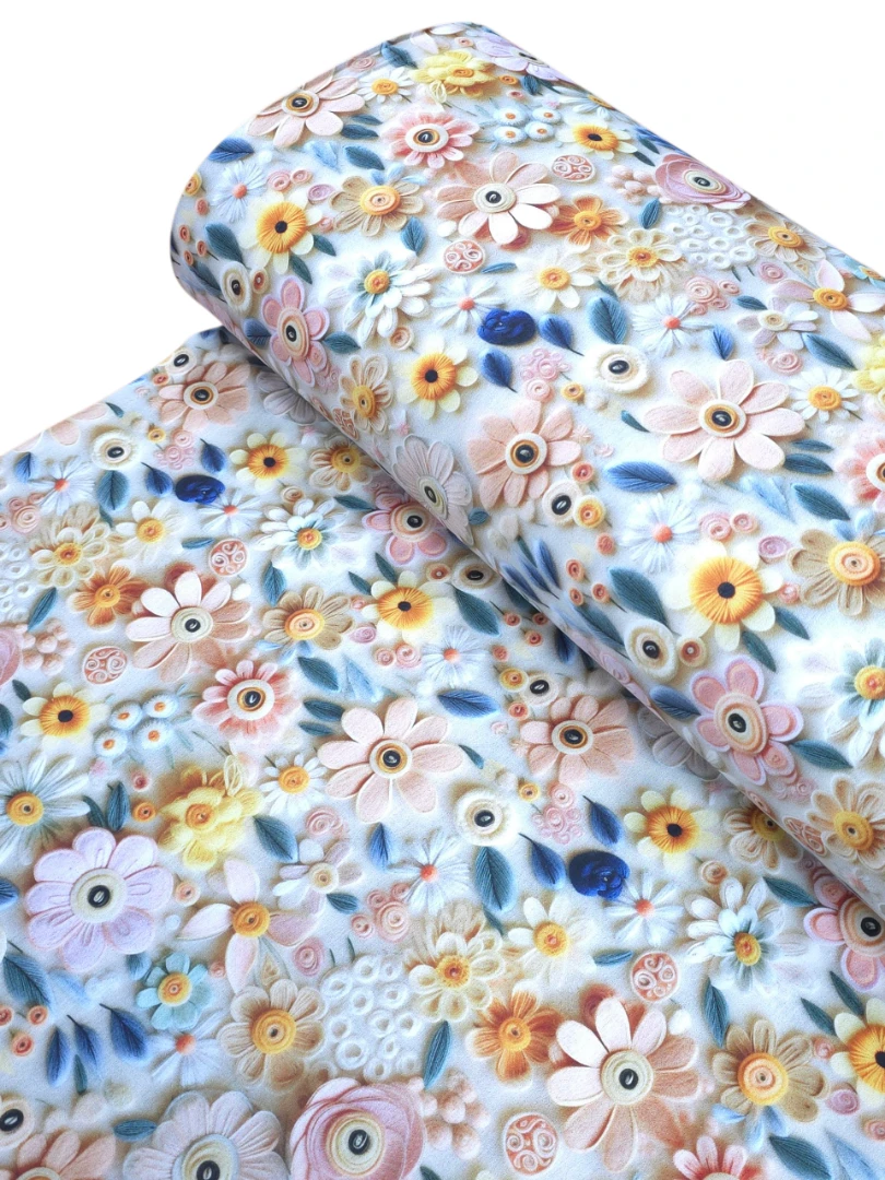 Bumbac imprimat digital flori in culori pastel roz