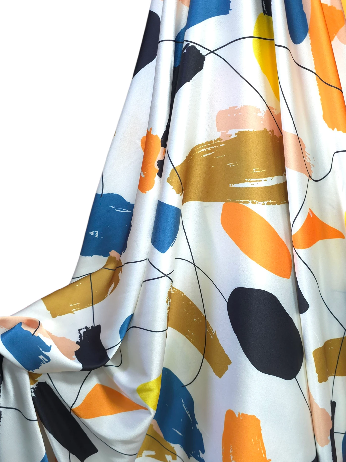 Mătase satinată alb-multicolor cu imprimeu abstract