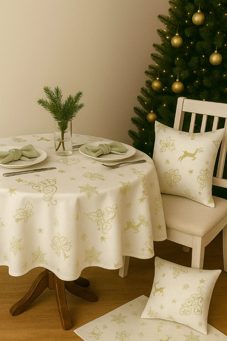 Material decor sau fețe de masa bej auriu cu fir lame