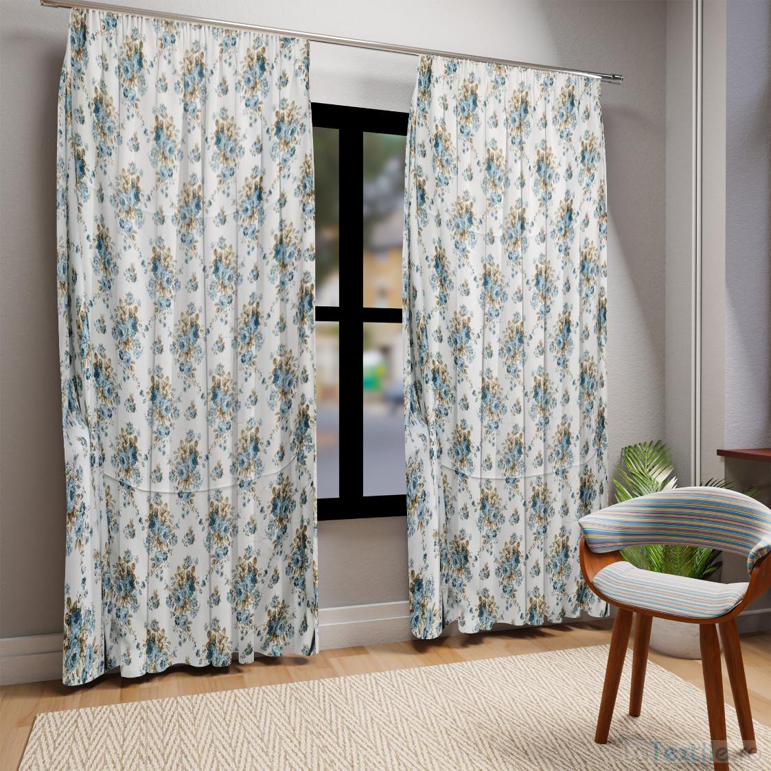 Material draperie satinat alb cu imprimeu floral bleu
