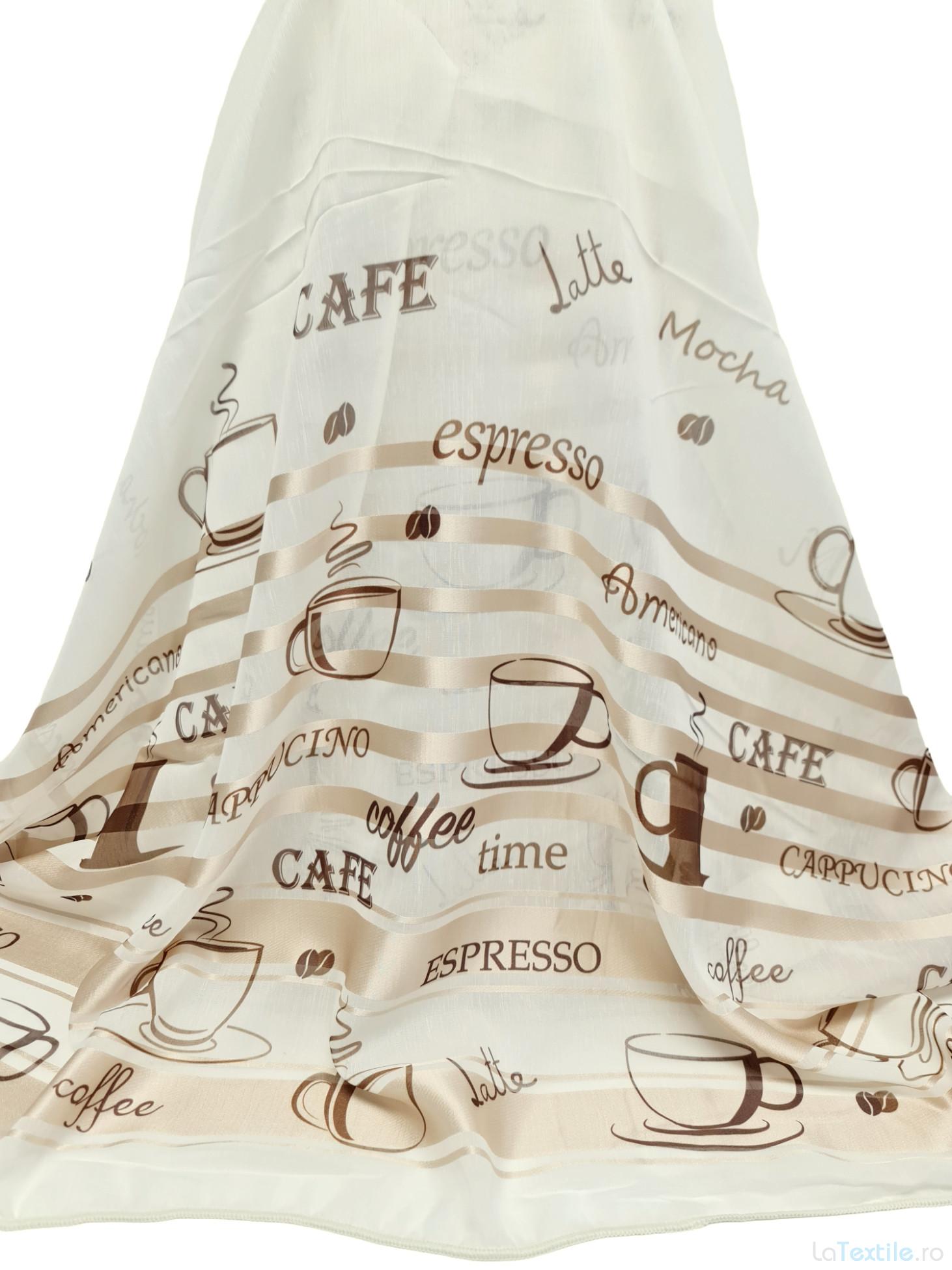Material perdea voal cu benzi satinate imprimeu cafe