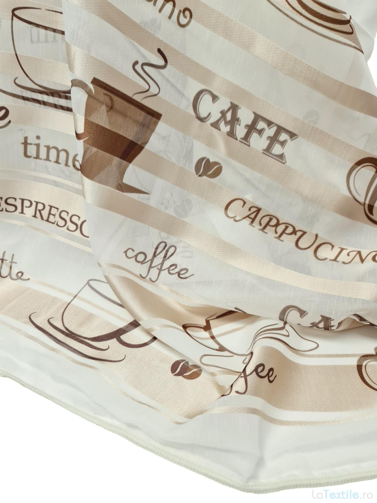 Material perdea voal cu benzi satinate imprimeu cafe