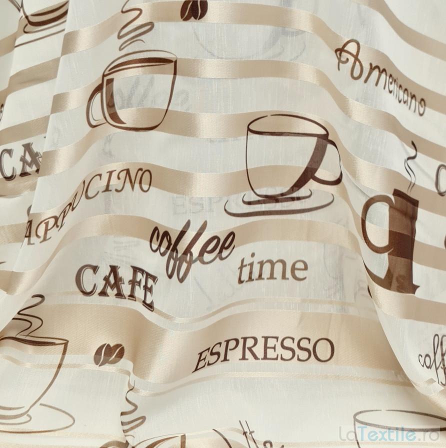 Material perdea voal cu benzi satinate imprimeu cafe