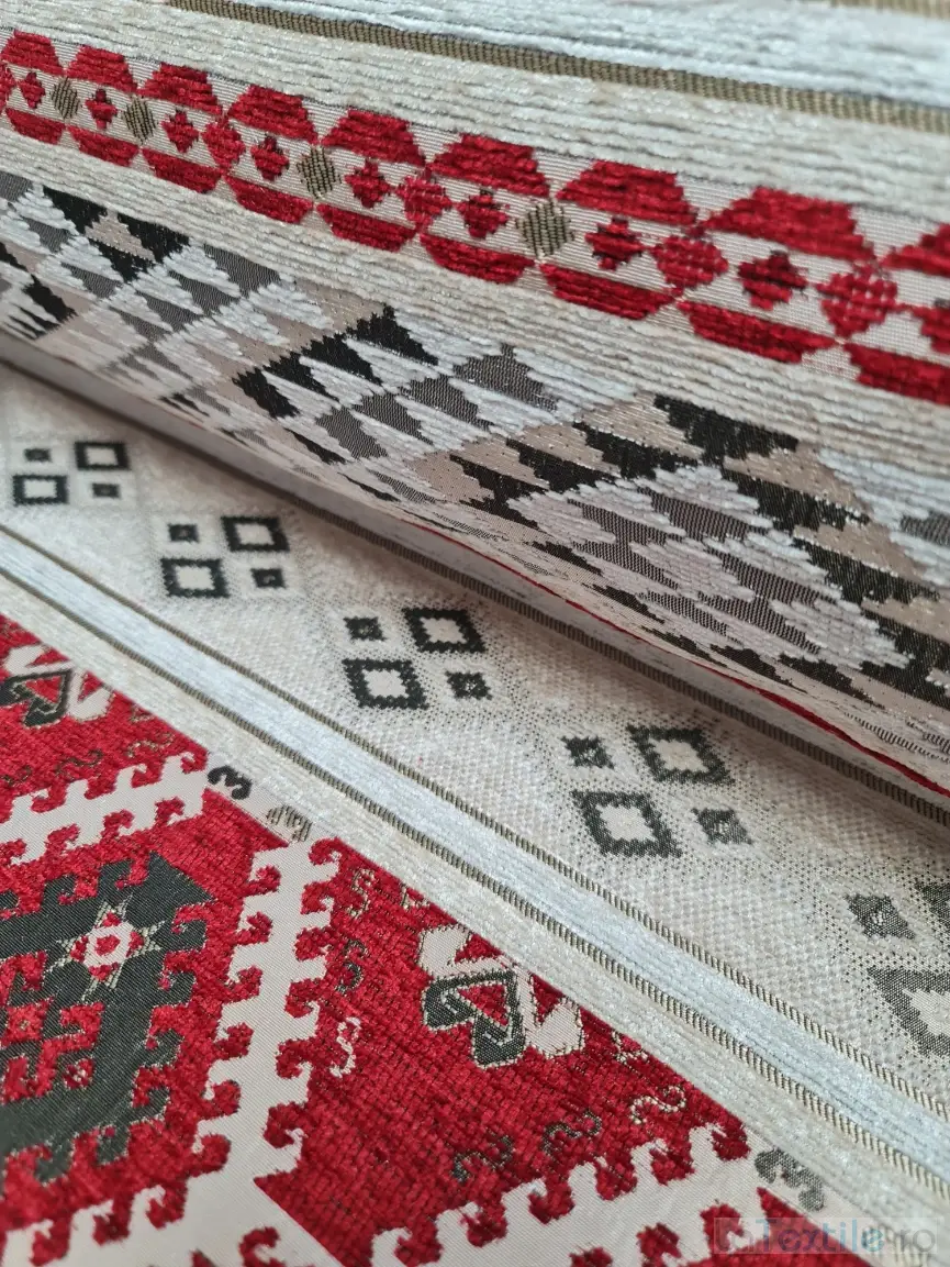 Stofa pentru tapiterie model traditional crem cu rosu