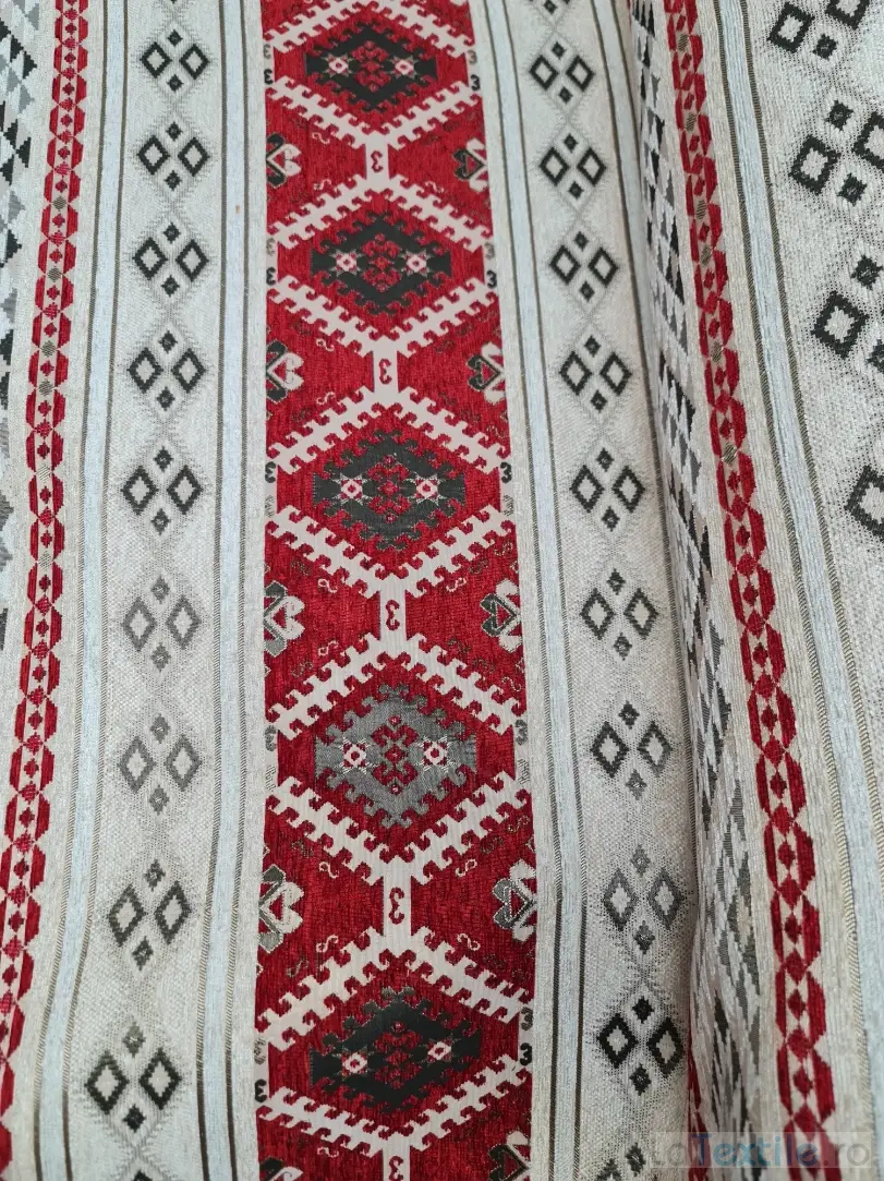 Stofa pentru tapiterie model traditional crem cu rosu