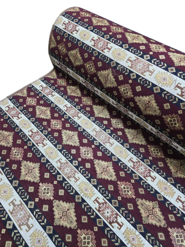 Stofa pentru tapiterie tip goblen model traditional grena si crem