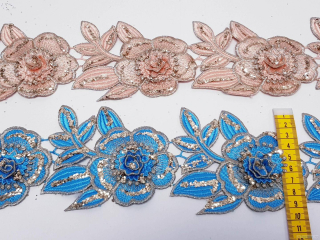 Dantela albastra si piersicie model floral 3d si aplicatii micropaiete