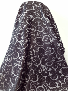 Material draperie negru cu model ramurele argintii