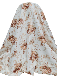 Material draperie satinat alb cu imprimeu floral maro