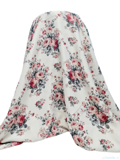 Material draperie satinat alb cu imprimeu floral gri si rosii