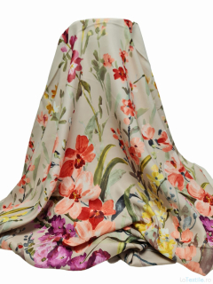 Material draperie satinat bej cu bordura florala rosie