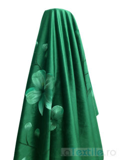 Material draperie catifea verde smarald cu imprimeu floral